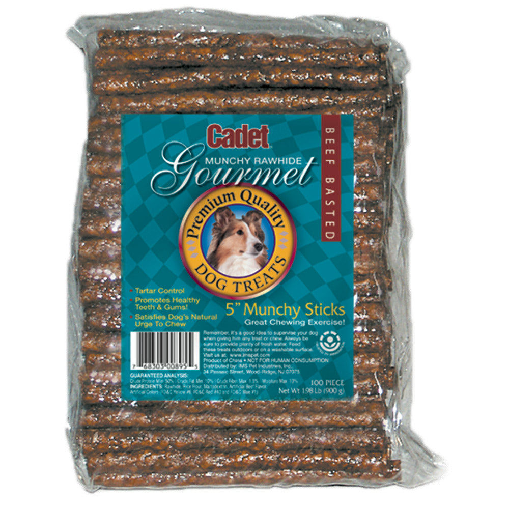 Cadet Beef Basted Rawhide Munchy Sticks – Dental Dog Chews, 100 Pack