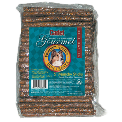 Cadet Beef Basted Rawhide Munchy Sticks – Dental Dog Chews, 100 Pack