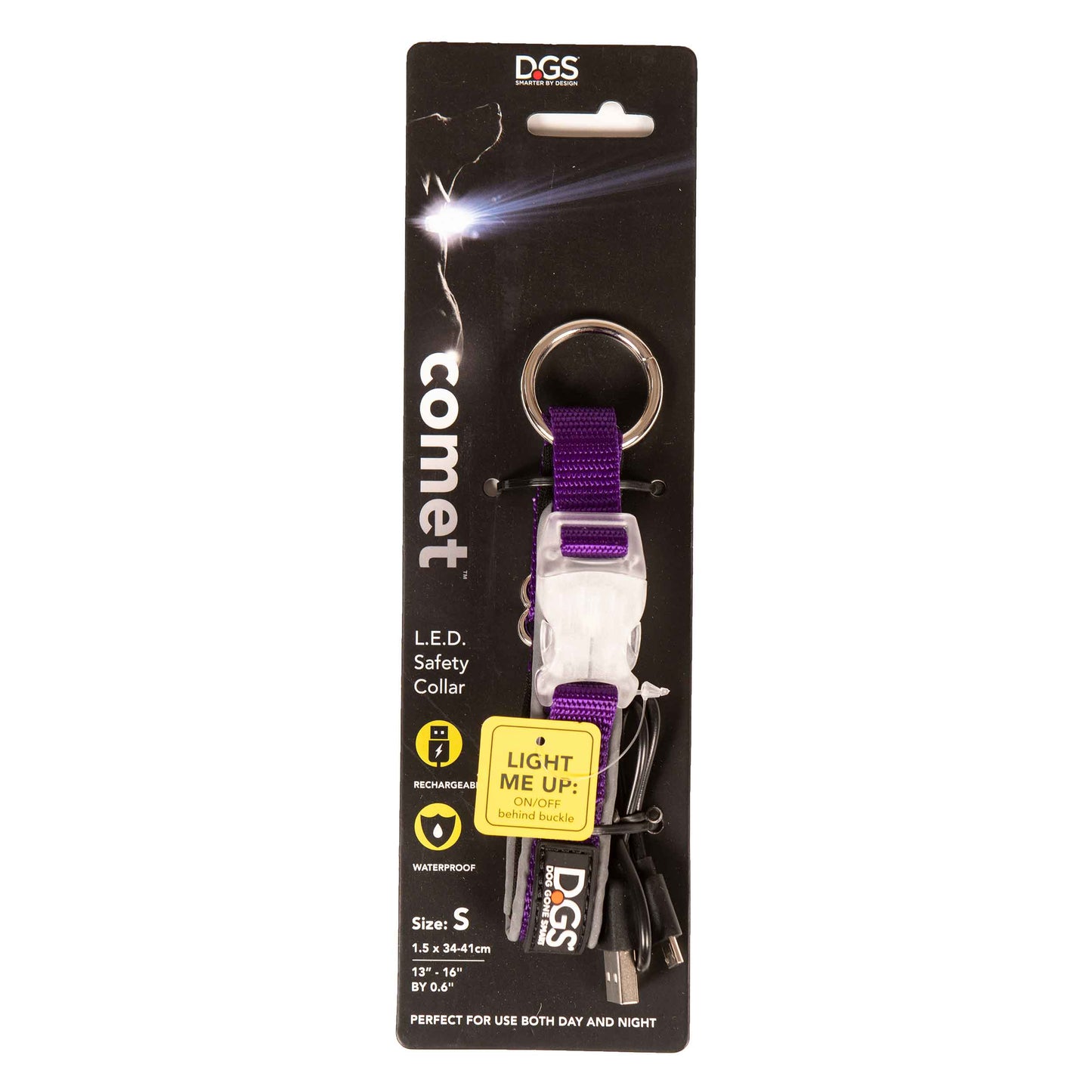 DGS Comet LED Light Up Dog Collar – Rechargeable Nylon – Small Purple