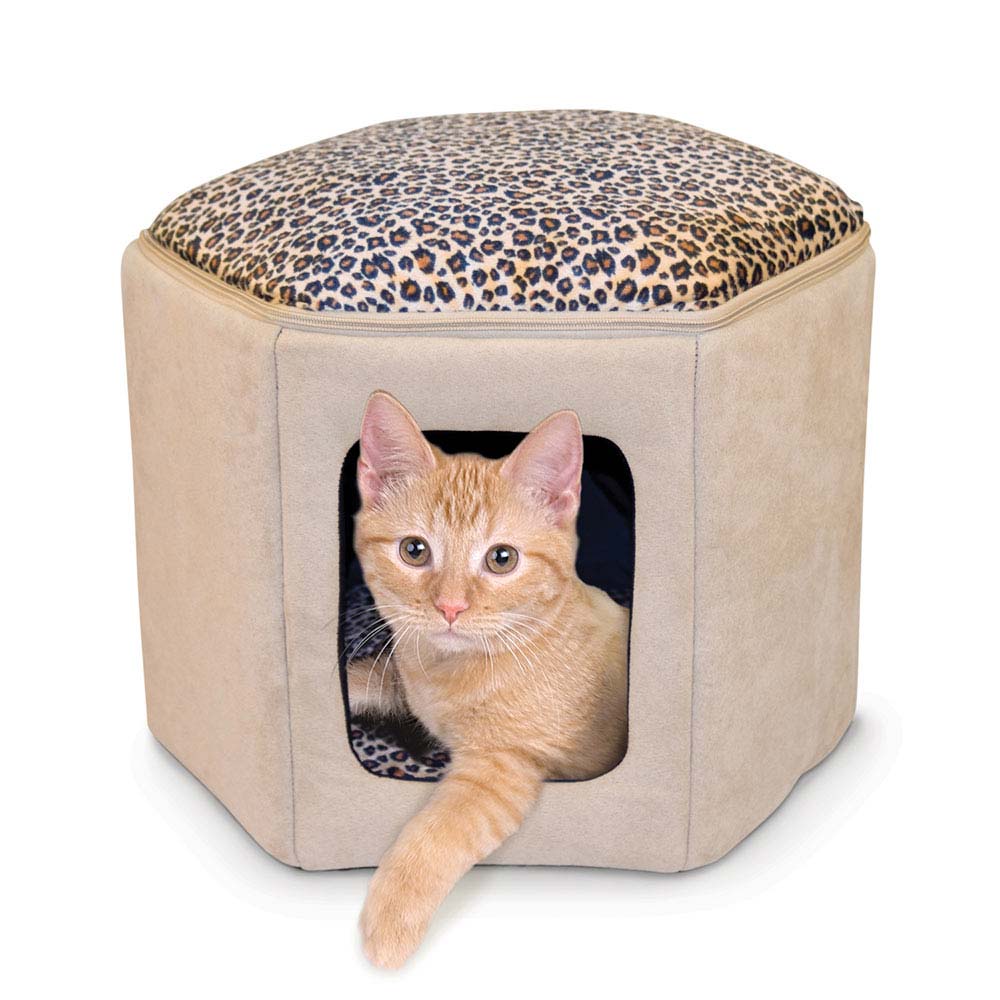 K&H Pet Products Thermo-Kitty Sleephouse - Heated Cat Bed, Tan/Leopard