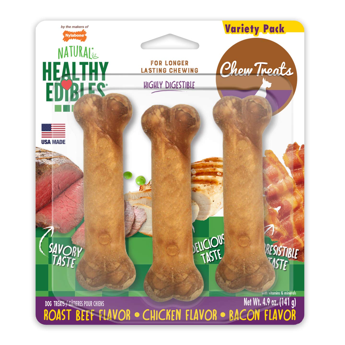 Nylabone Healthy Edibles Dog Treats – Roast Beef, Chicken & Bacon, 3ct