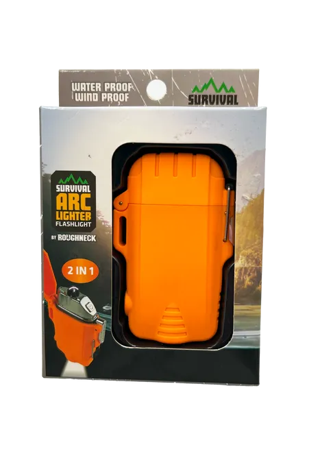 Survival Electric Arc Lighter W/LED+ Solar Panel Power Bank, ORANGE