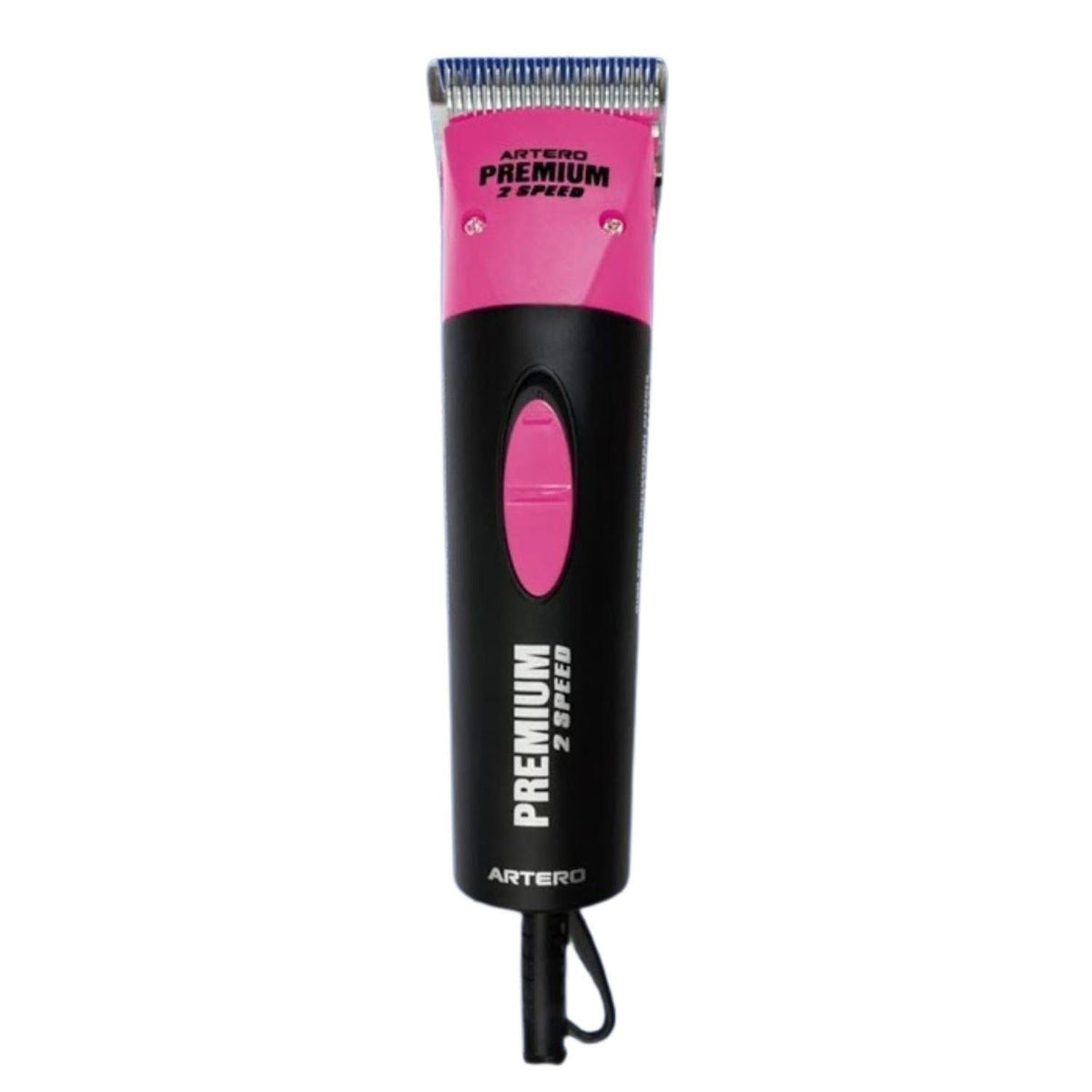 Artero Premium 2 Speed pink corded dog hair clipper with silver blades.