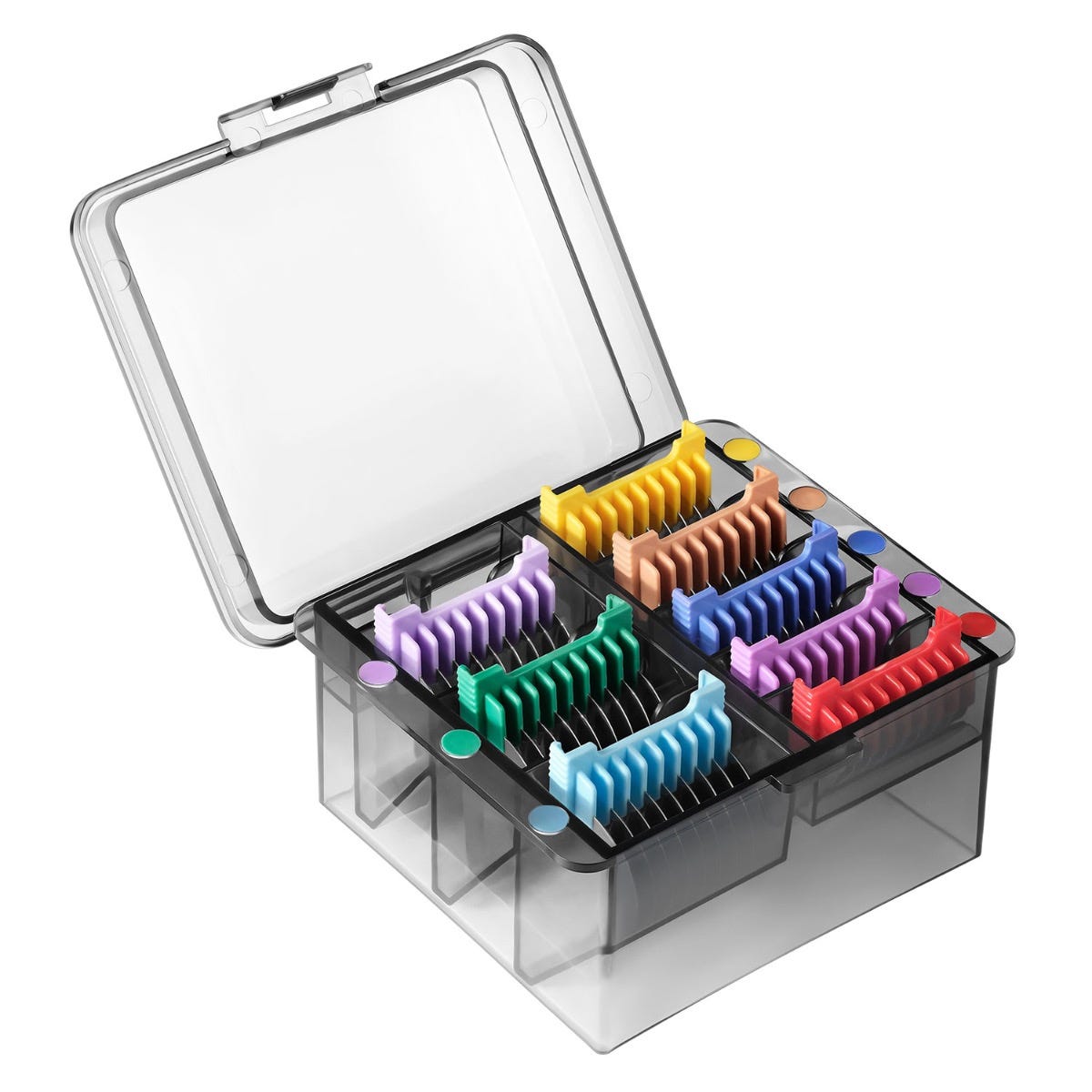 Artero Metaplex attachment combs in a clear storage box, color-coded for different cutting heights.