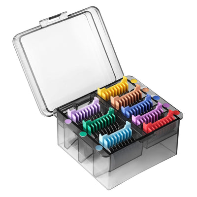 Artero Metaplex attachment combs in a clear storage box, color-coded for different cutting heights.