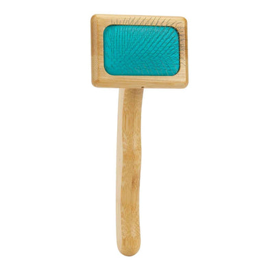 Soft slicker brush with bamboo handle and teal bristles for pets.