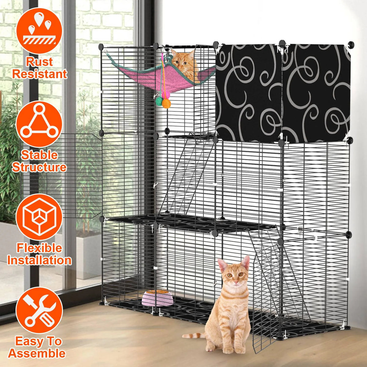 3 Tier Pet Playpen Cage Metal Indoor Pet House 28.15 x 13.97 x 42.12in