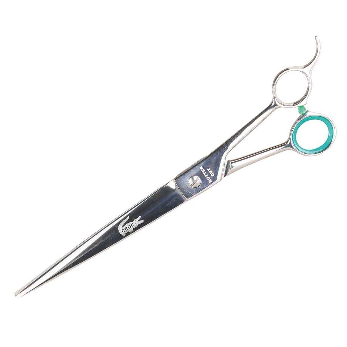 GE Crocodile Straight Shear 9.5 inch, silver with green finger inserts.