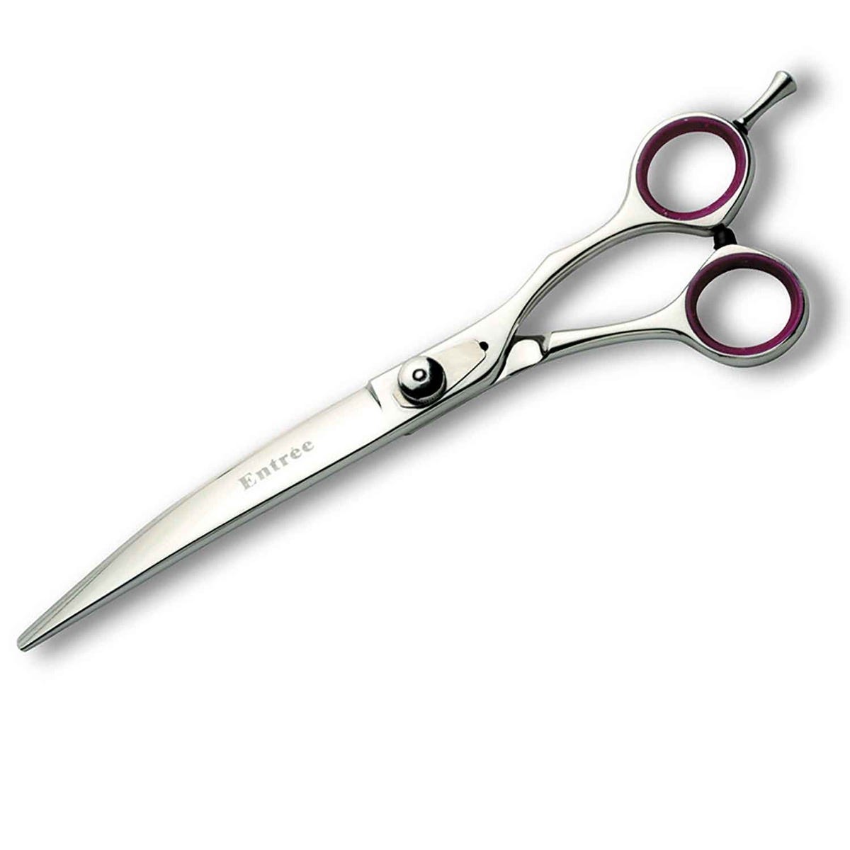 GE Entree curved grooming shears, 8.5 inches, with purple finger inserts.