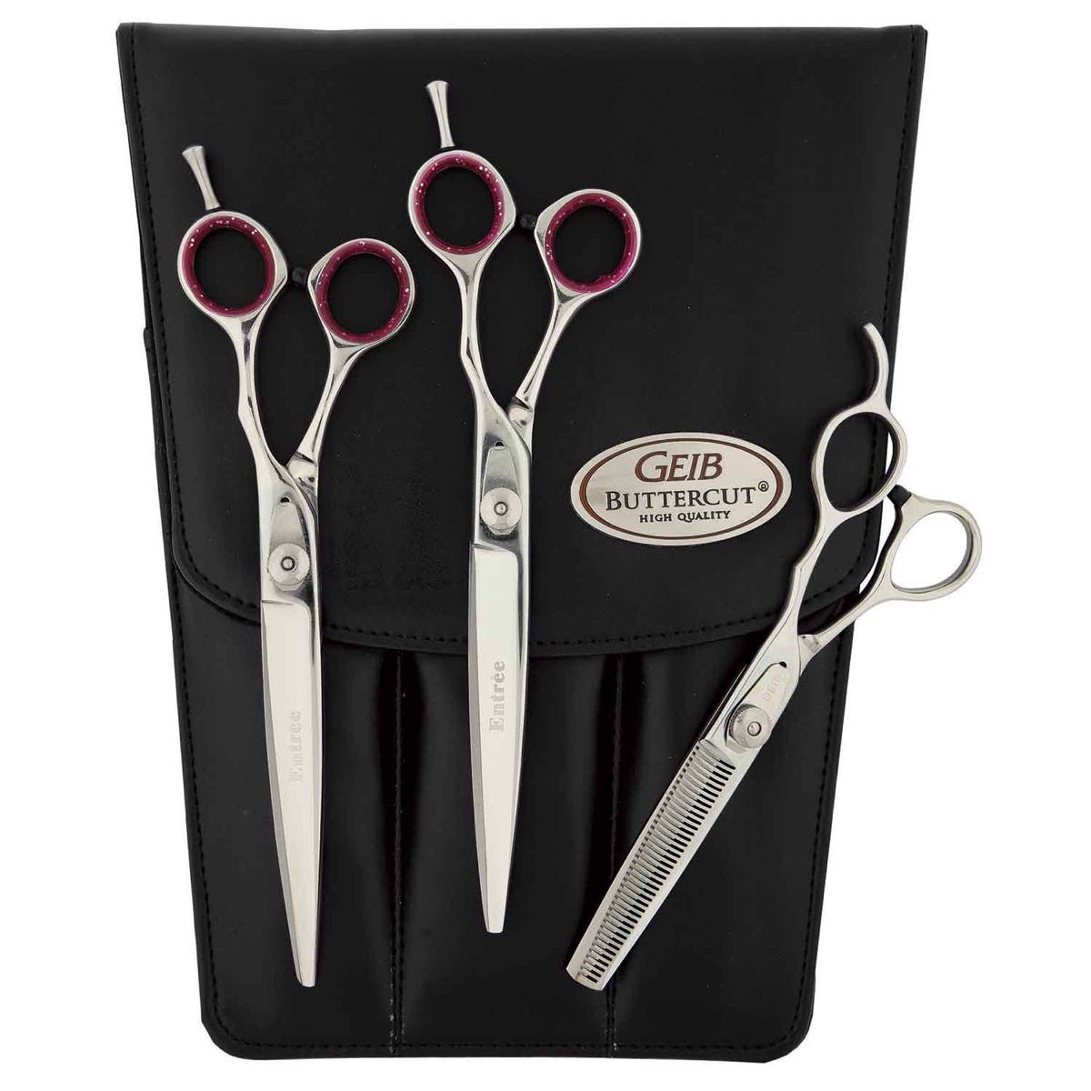 Geib Entree 8.5-inch 3-piece shear kit with three stainless steel shears and a black leather case.