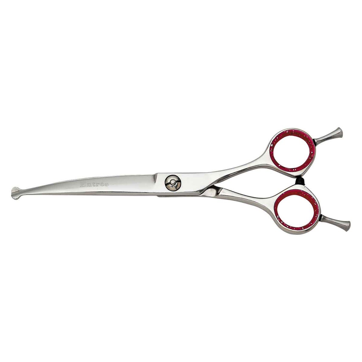 GE Entree curved ball tip grooming shears, 6.5 inches, with red accents on finger loops.