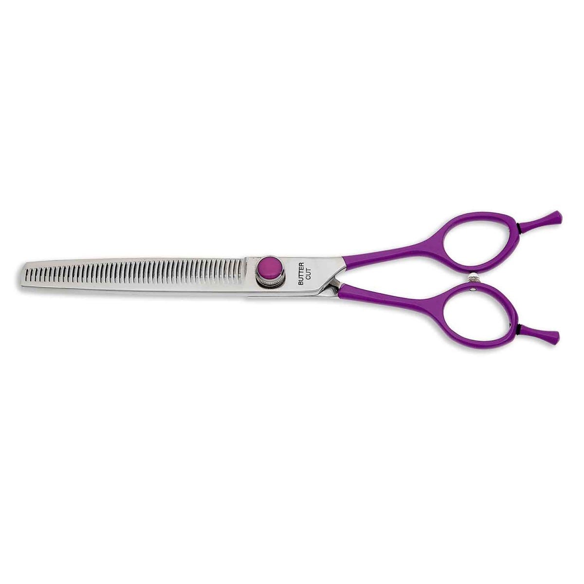 Geib Gator Gear 7.5 inch 46-tooth blender shears with purple handles.