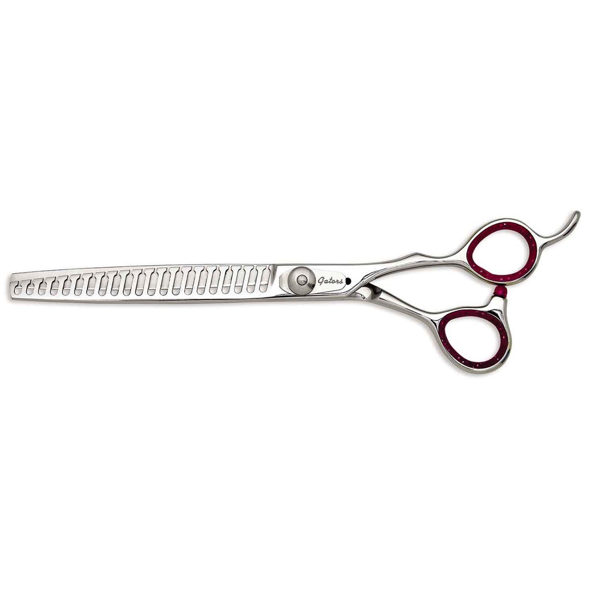GE Gator Texturizer Shear 7.5In 21Tth with silver blades and red finger grips.