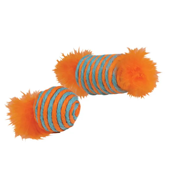 Pet Edge KB Raffia Spool and Ball Cat Toys with Feathers - 2 Pack
