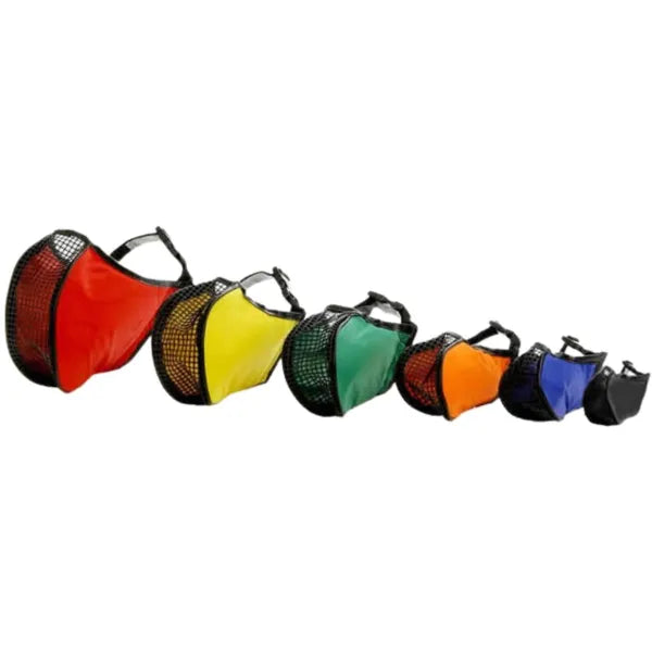 Set of colorful mesh bags in various colors on a white background