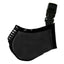 Black dog muzzle with mesh design and strap on a white background