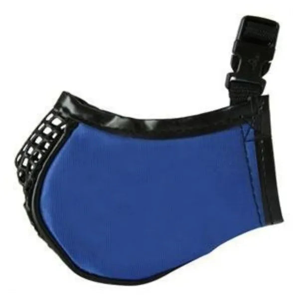 Blue muzzle with black mesh design and strap on a white background