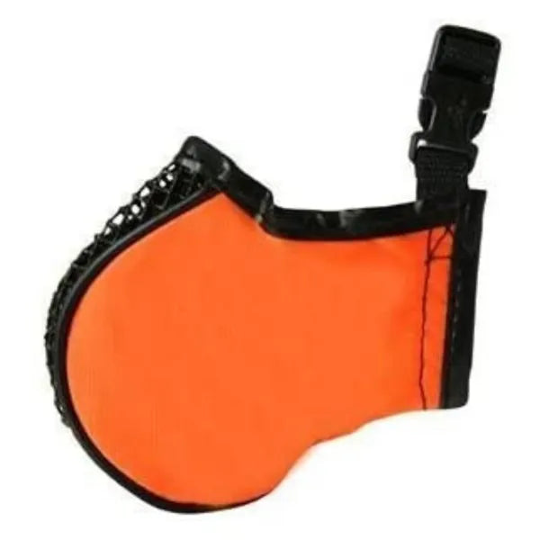 Orange dog muzzle with black strap on a white background