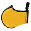 Yellow dog muzzle with black strap on a white background