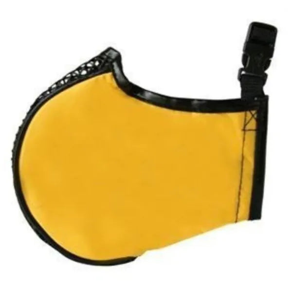Yellow dog muzzle with black strap on a white background