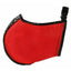 Red equestrian saddle pad with black trim on a white background