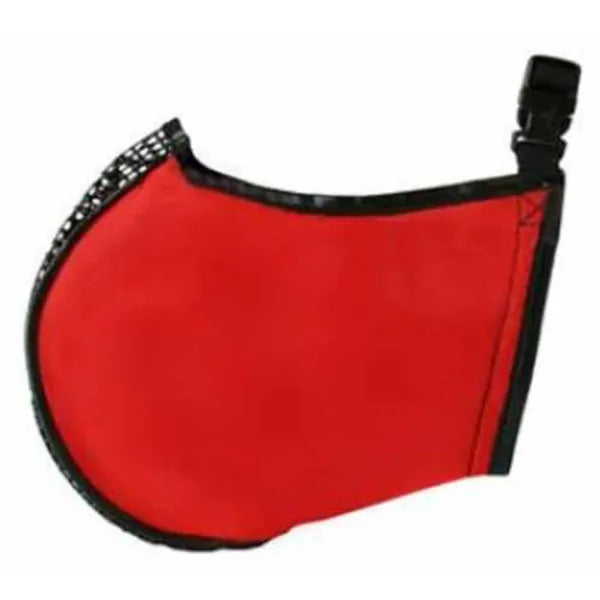 Red equestrian saddle pad with black trim on a white background