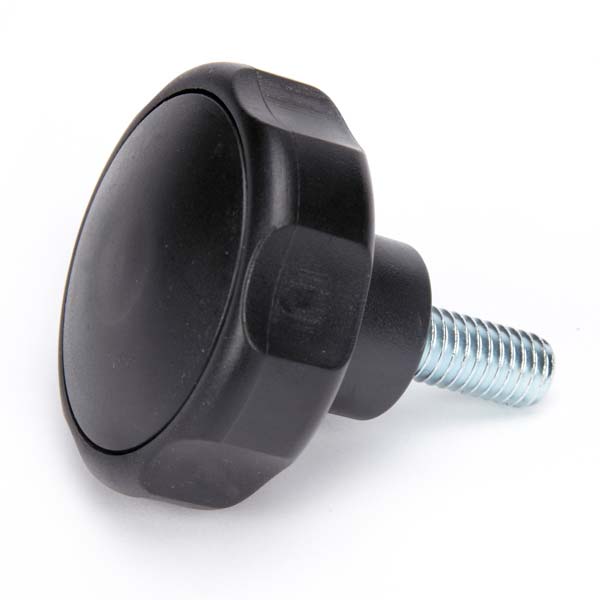 Black plastic knob with a threaded metal bolt for a grooming arm.