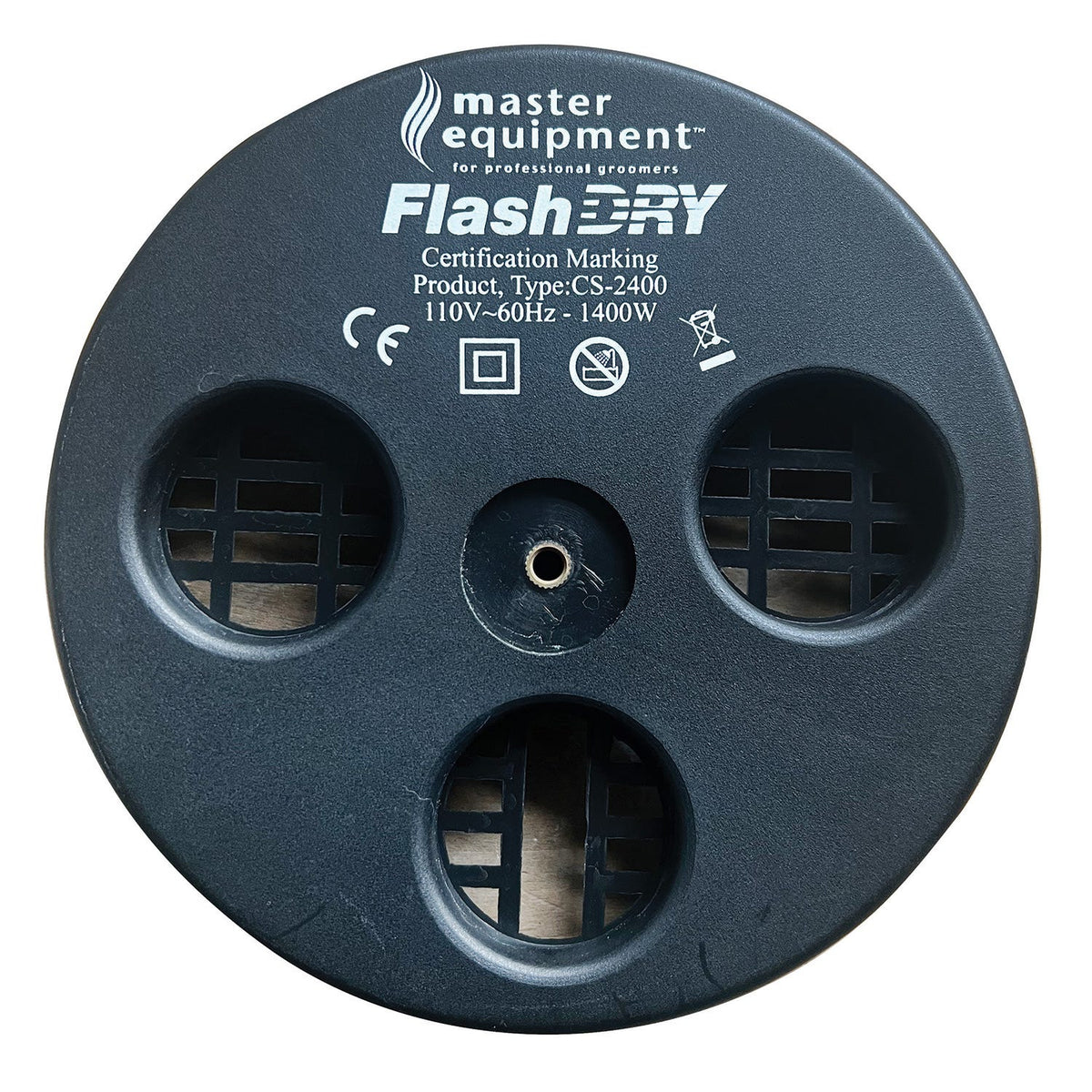 Black Master Equipment dryer back cap with vents and certification markings.