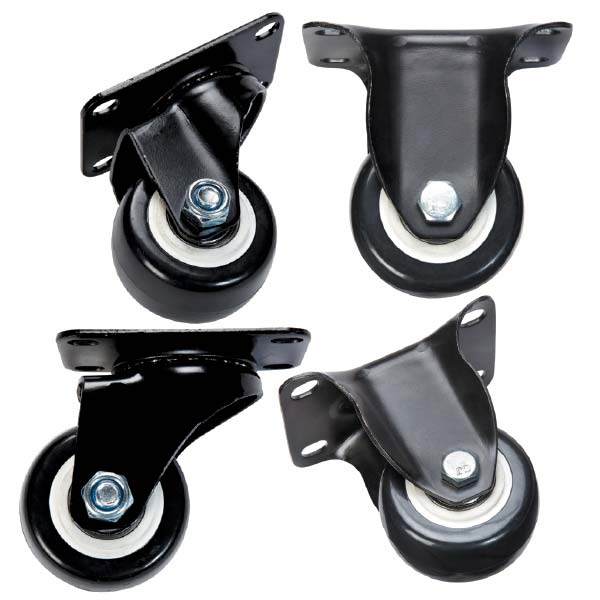 Four black swivel casters with white wheels, designed for Flex Electric Tables.