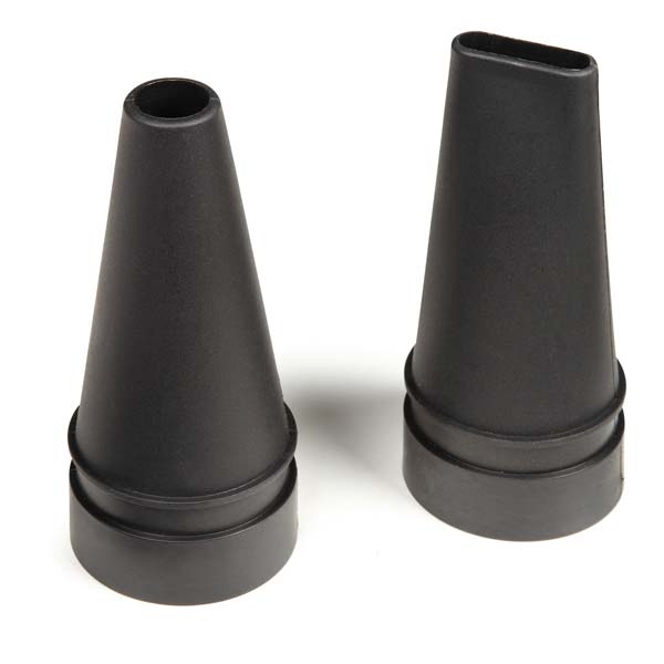 Two black conical dryer nozzles, one round and one oval, with ribbed bases.