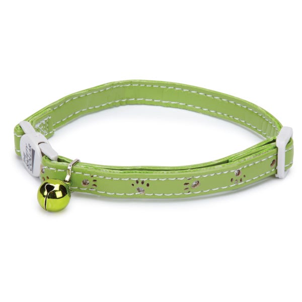 Green cat collar with sparkle paw prints and a silver bell.
