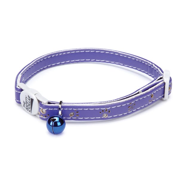 Purple cat collar with white stitching, paw prints, a silver bell, and a safety release buckle.