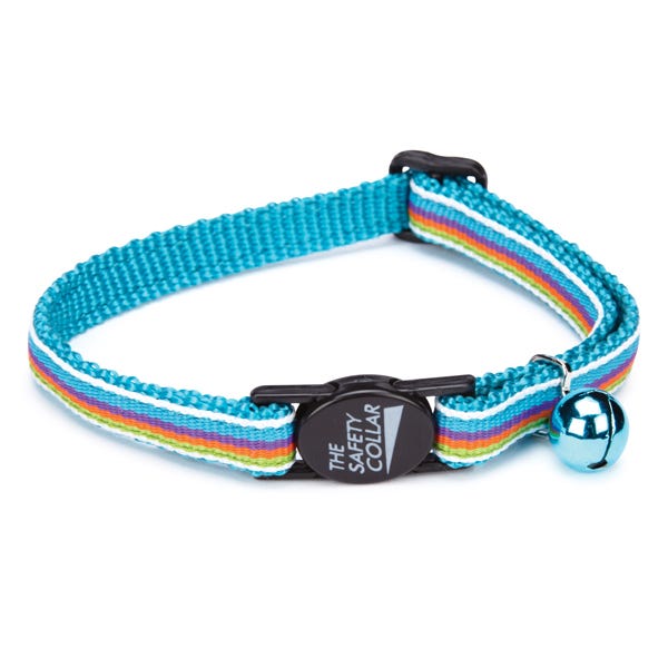 Blue nylon cat collar with rainbow stripes, safety buckle, and a blue bell.