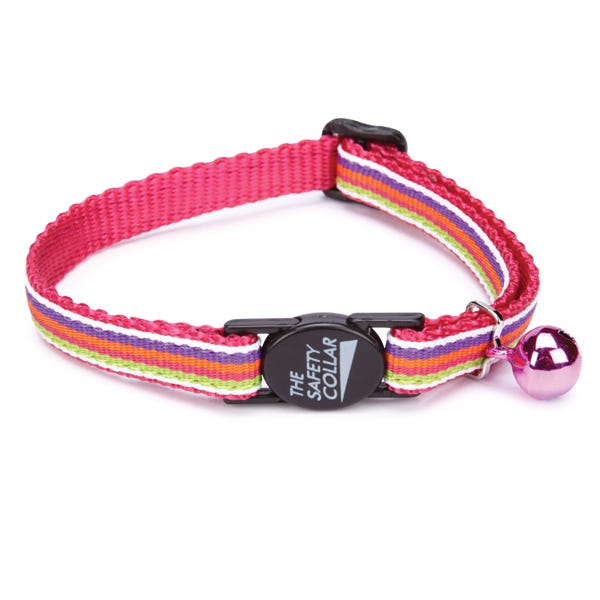 Pink striped cat collar with a breakaway buckle and a pink bell.