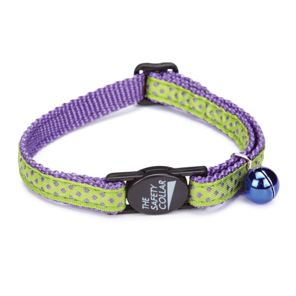 Purple and green polka dot cat collar with a blue bell and safety buckle.
