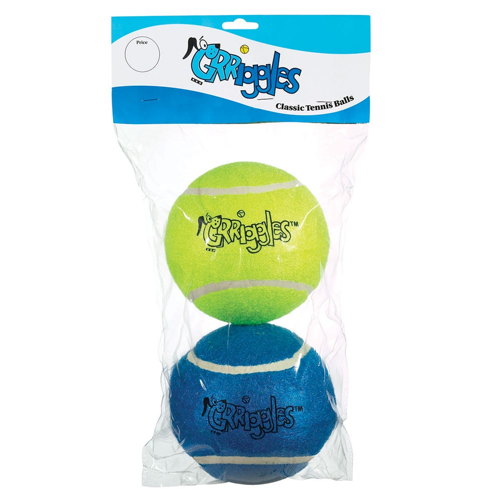 Two Grriggles classic tennis balls, one lime green and one blue, in a plastic package.