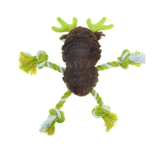 Plush moose dog toy with green antlers and green and white rope limbs tied in knots.