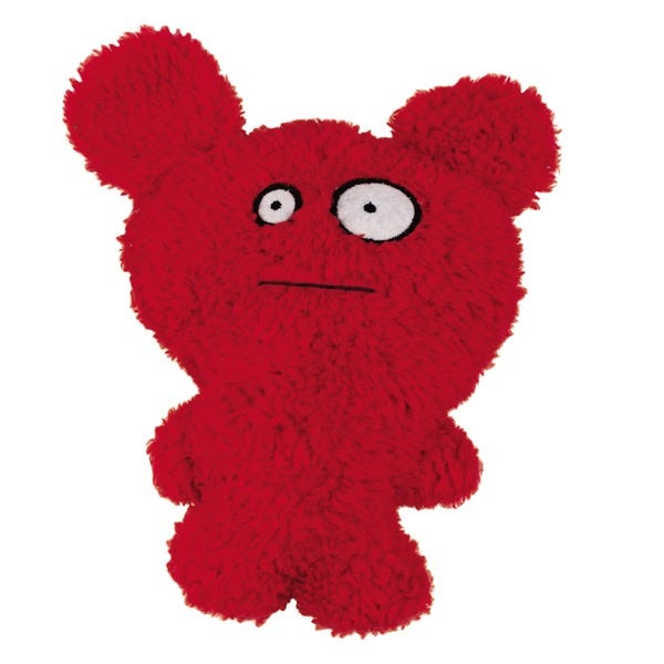 Red plush toy with large ears, wide eyes, and a straight mouth.
