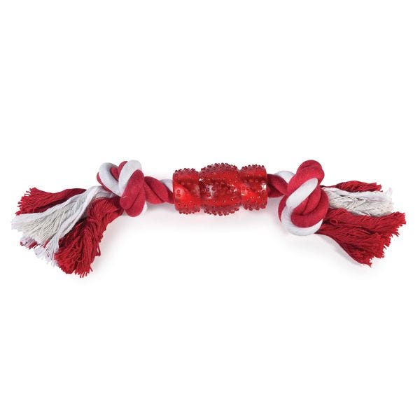 Red and white rope dog toy with three red rubber bone-shaped chew pieces in the center.