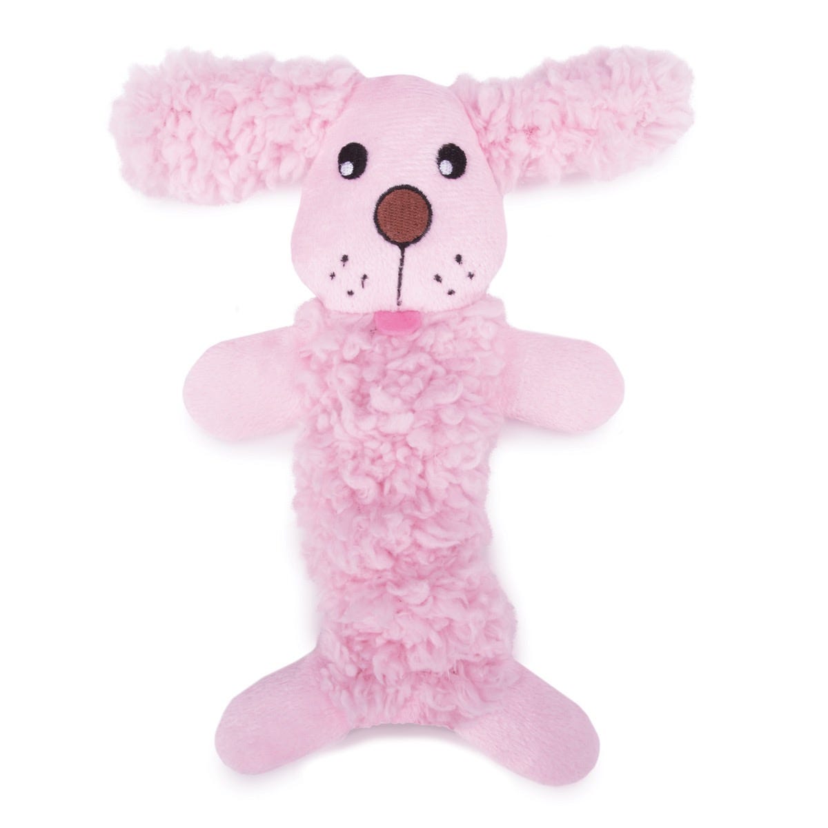 Pink plush dog toy with floppy ears and a curly textured body.
