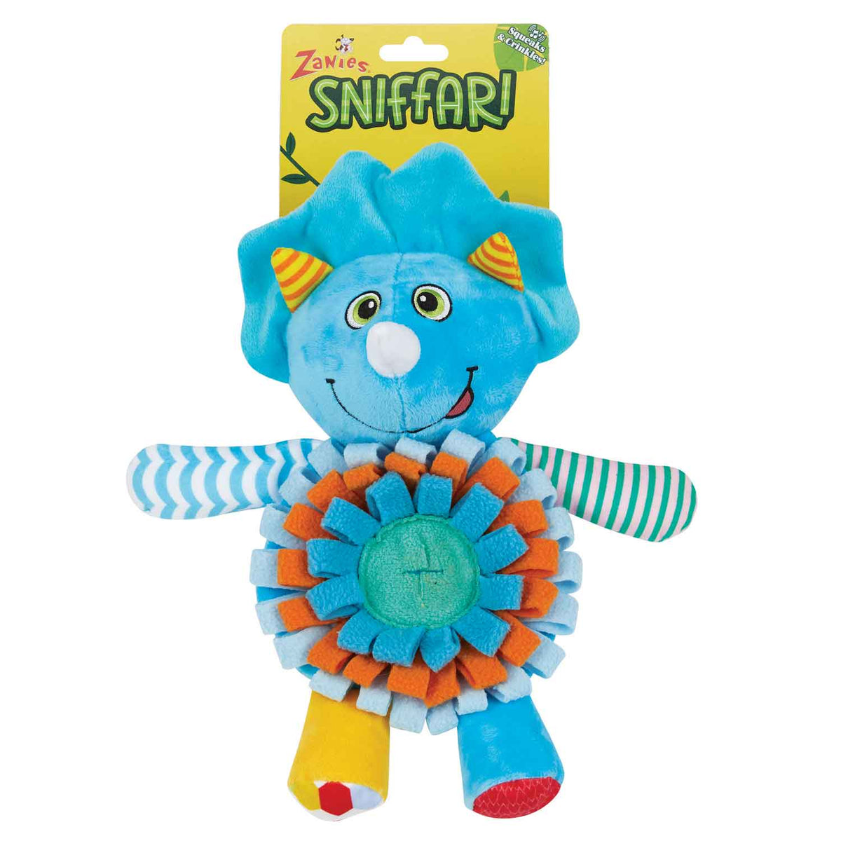 Blue plush dinosaur dog toy with orange and light blue fabric loops and a green center.